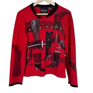 Vintage Michael Simon Womens Size Large Red Black Lace Heel Boots Cardigan